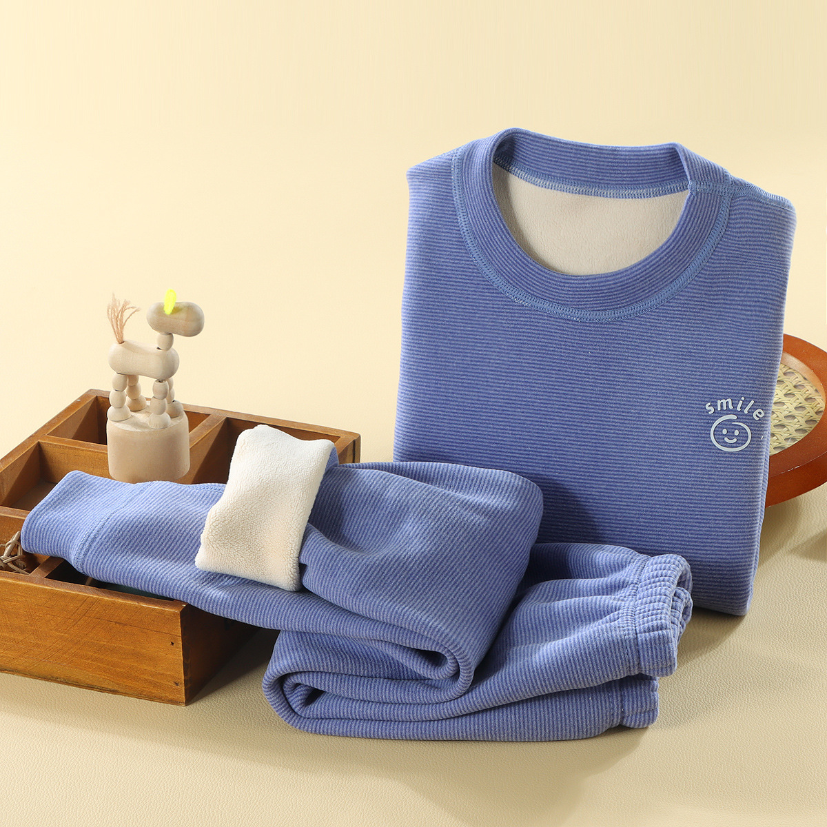 儿童冬季加绒奥利绒条纹加厚宝宝保暖秋衣秋裤家居服套装无骨设计