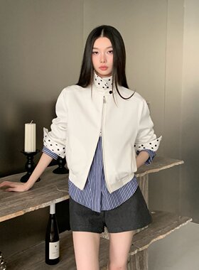 CURRI 莱赛尔复古领子撞色拼接波点挺括修身气质夹克外套女