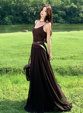 女神性感V领麂皮吊带裙小众复古