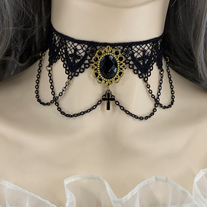 哥特风圣诞节日舞会蕾丝颈链女古董短项链lolita罗马十字架项圈