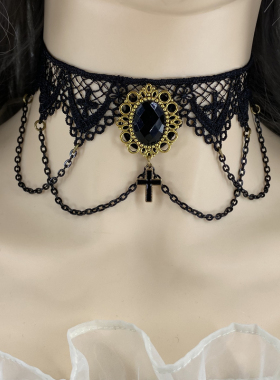 哥特风圣诞节日舞会蕾丝颈链女古董短项链lolita罗马十字架项圈