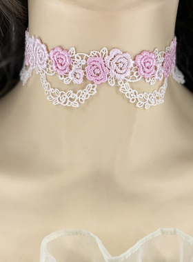 镂空锁骨链简约短款粉色玫瑰花蕾丝颈带choker性感网红颈链项链