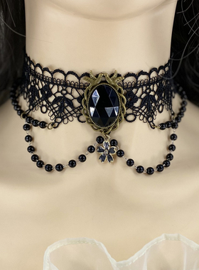 跨境黑白色项链配饰复古气质蕾丝choker锁骨链暗黑系颈链脖子饰品