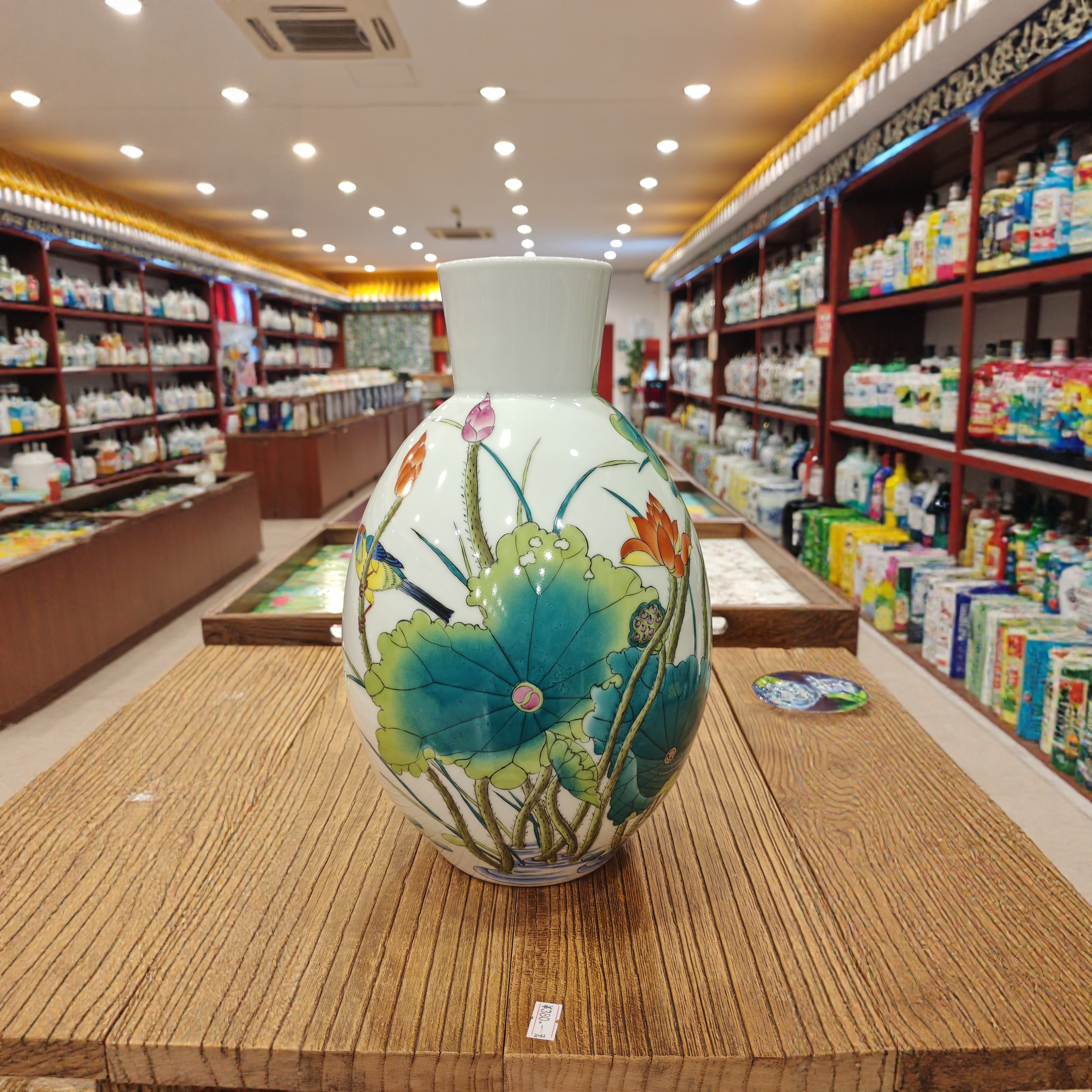 荷花翠鸟花瓶高两河手绘粉彩瓷器书房书架多宝阁摆件乔迁礼