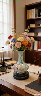 小玉壶春高两河手绘粉彩瓷器桌面花瓶博古架样板间多宝阁书房插花