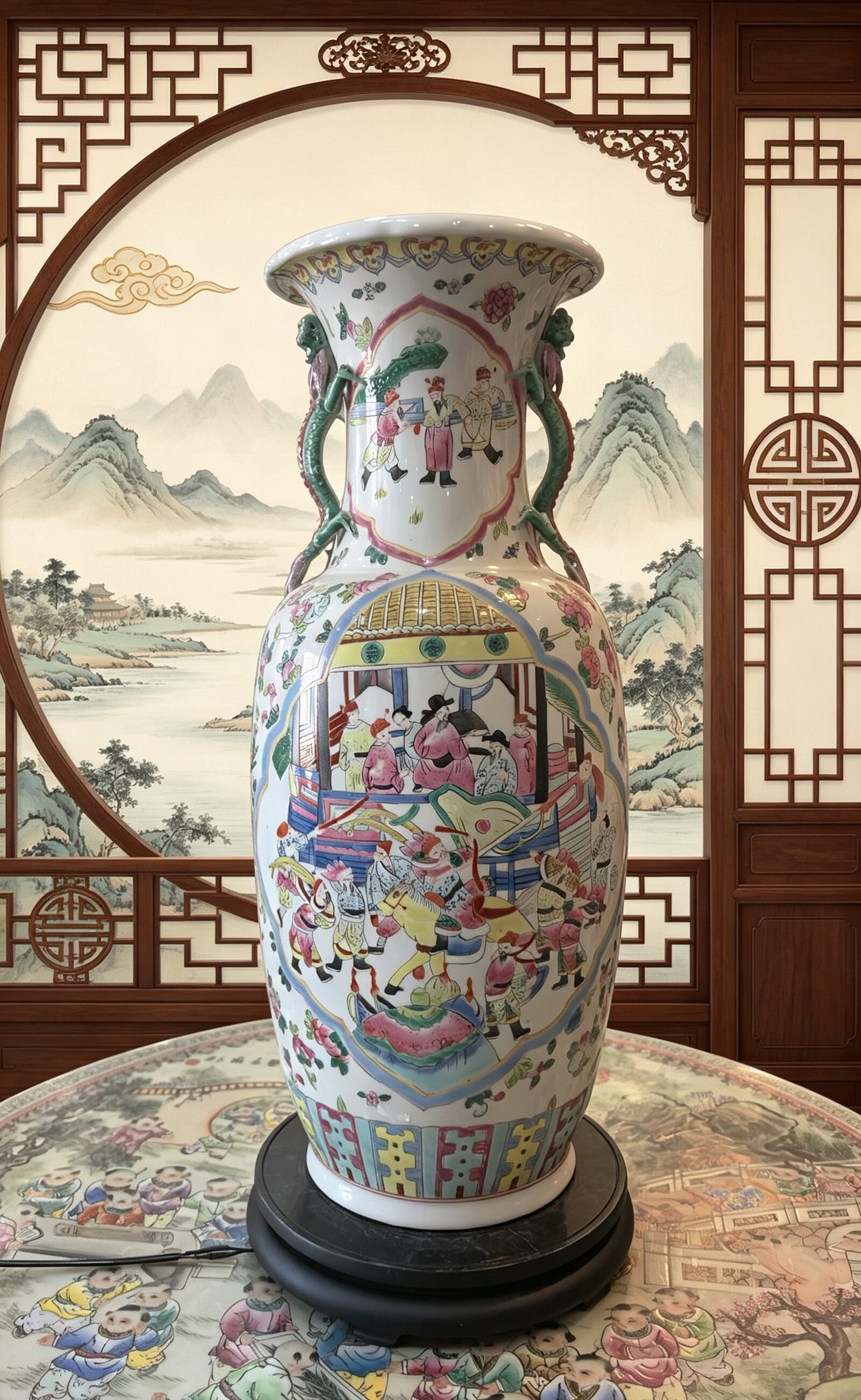 龙而狮耳落地大花瓶高两河手绘粉彩瓷器新中式摆件大花瓶陶瓷花瓶