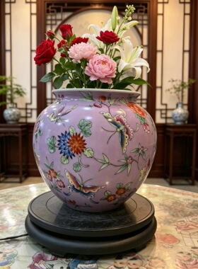 宽口坛高两河高档骨质瓷花瓶摆件新中式中堂条案样板间酒店大堂罐