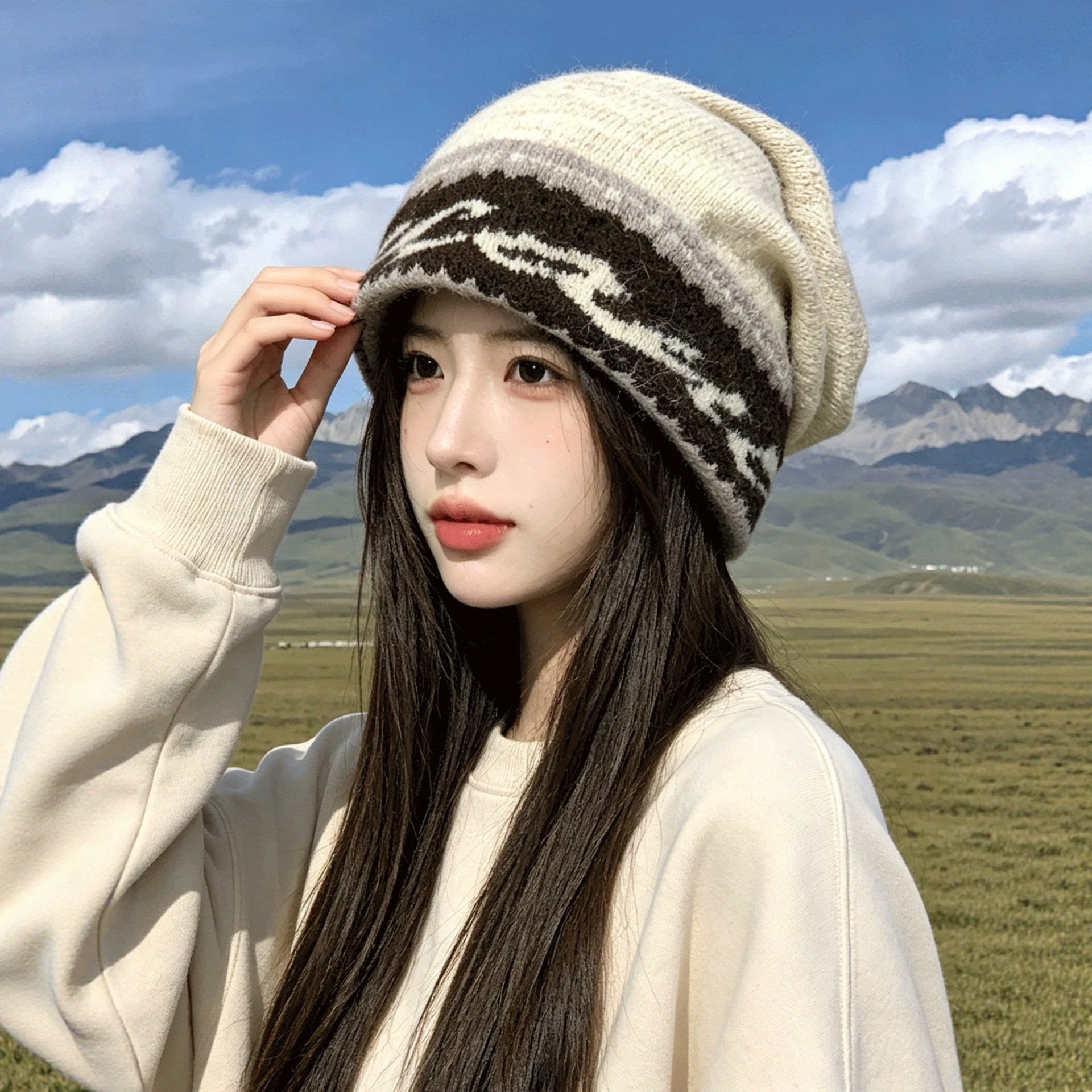 大头围针织毛线帽子女秋冬季川西旅游登山冷帽韩系堆堆帽户外保暖