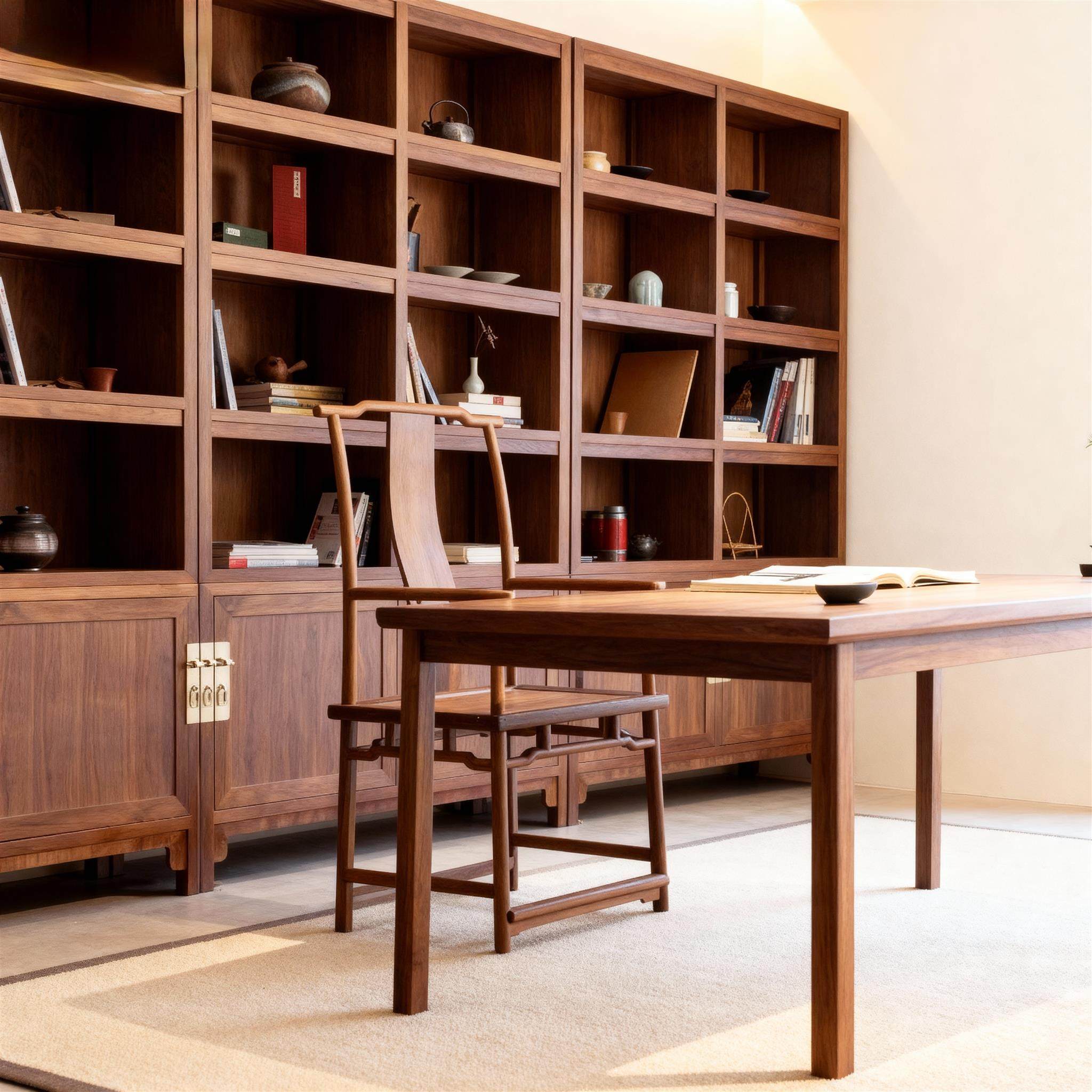 新中式黑胡桃红木实木整面墙书柜落地玻璃门带灯客厅家用书柜组合