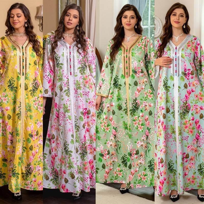 Muslim Maxi Dress For Won Long Sleeve Loose Stamping Robe