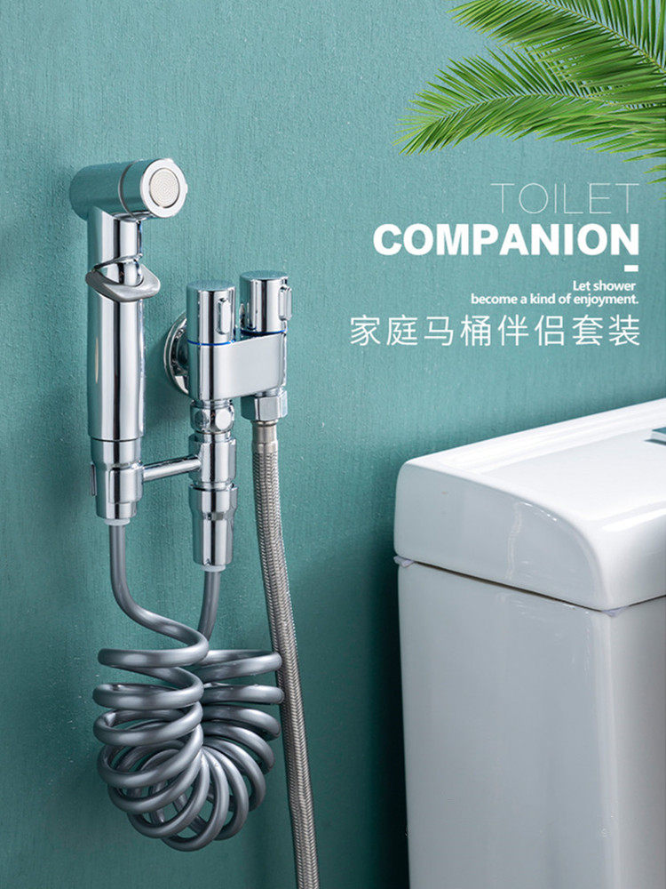 全铜马桶伴侣三通角阀一进二出带冲洗喷枪分水器一分二双出水龙头