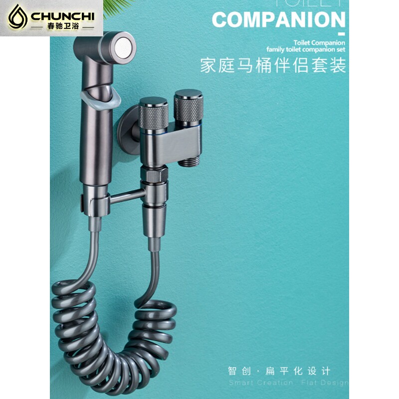 枪灰色迷你马桶伴侣喷枪套装厕所增压双控省空间一进二出妇洗神器