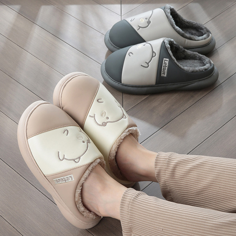 情侣皮拖鞋女冬季2023新款室内居家防水防滑厚底棉拖鞋男冬天外穿