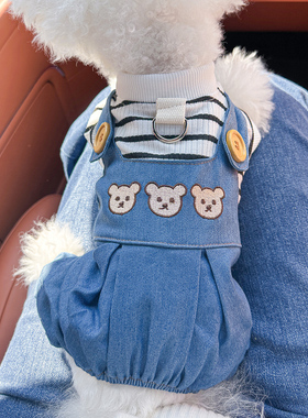 宠物狗狗衣服比熊泰迪博美卡通熊四脚衣幼犬蓝色休闲牵引绳背带裤