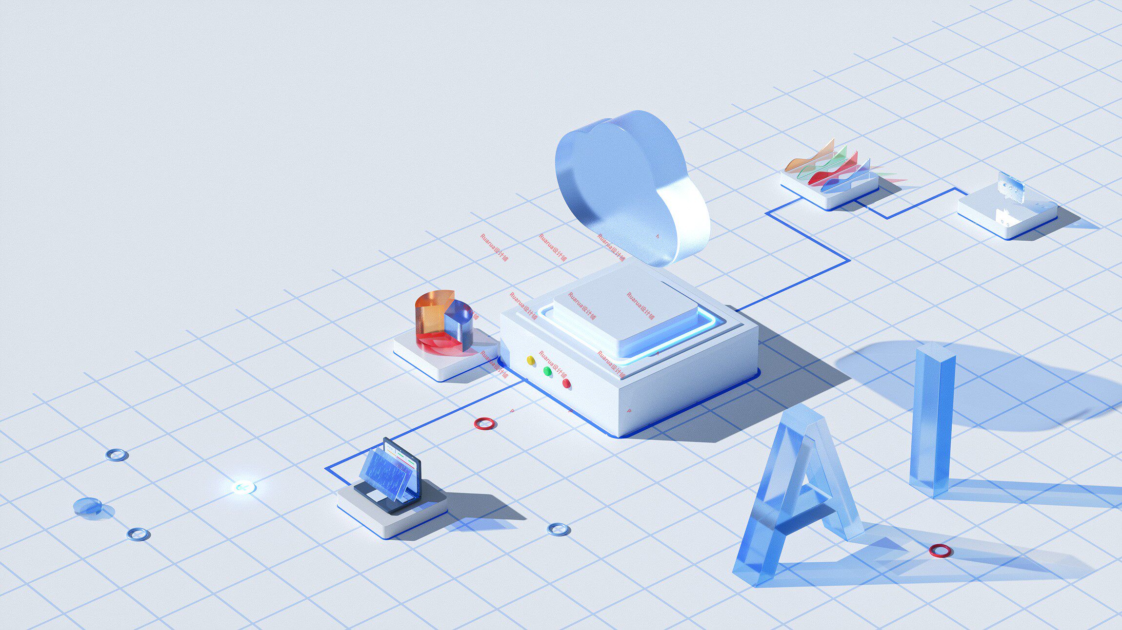 科技感大数据c4d玻璃拟物微软风格区块链3d场景工程oc材质源文件
