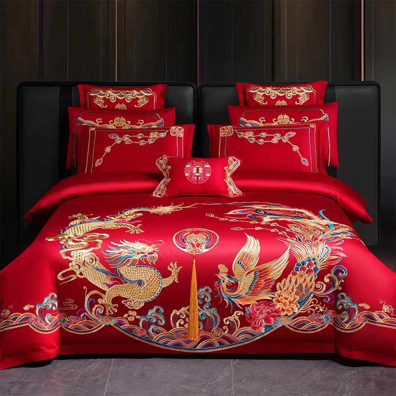 全棉婚庆四件套新婚龙凤刺绣纯棉大红色陪嫁高端中式结婚床上用品