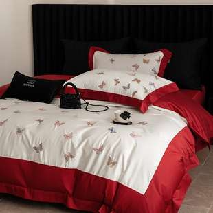 120S红色长绒棉刺绣婚庆全棉四件套纯棉结婚陪嫁拼接喜庆被套床单