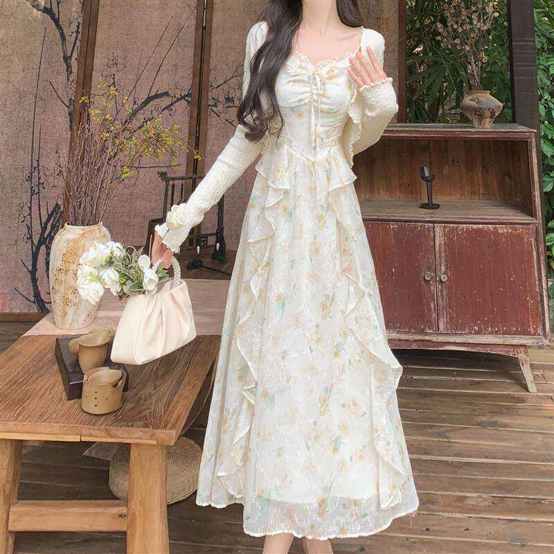 法式碎花吊带洋装2026新款小个子雪纺长裙两件式套装女夏