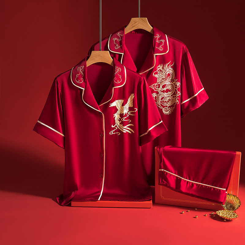 睡衣结婚新婚情侣红色夏季冰丝短袖套装男女高档婚用陪嫁家居服