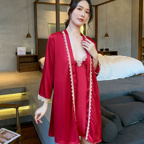 Сексуальная осенняя шелковая пижама, тонкий поддерживающий топ с чашечками для взрослых, банный халат, комплект, эффект подтяжки