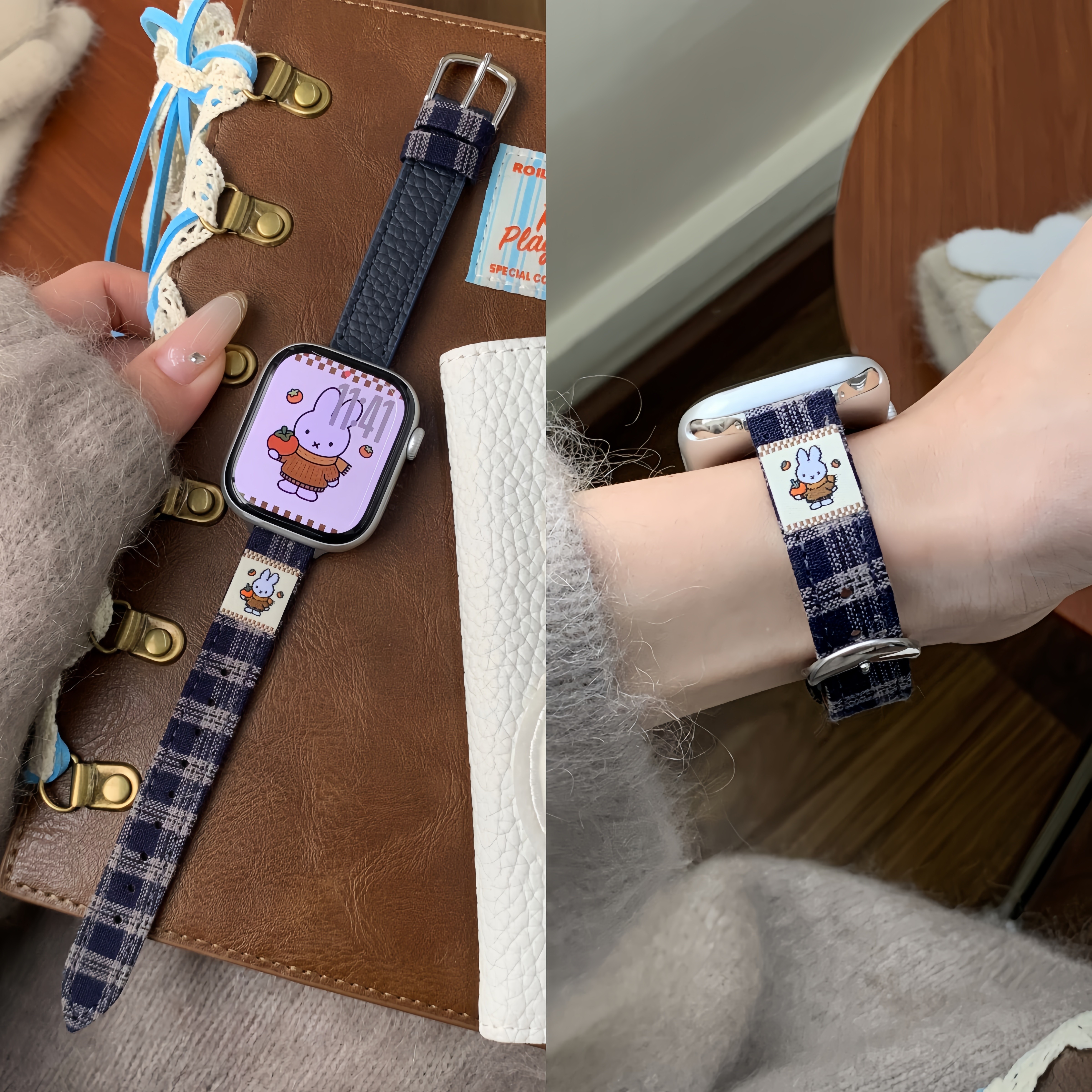 适用iwatch10表带s11苹果S9手表applewatch8新款格子纹编织s10尼龙11腕带S8夏天运动创意ultra3可爱女生watch