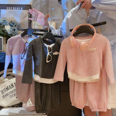 女童套装2025秋季新款韩版时髦童装软糯假两件儿童上衣裤子