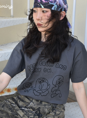 大脑鸣原创重磅240G精梳棉宽松短袖t恤中长袖情侣白色灰色卡通