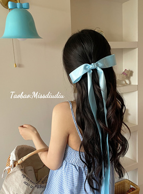 自制！小众balletcore芭蕾风少女超长童话蓝蝴蝶结飘发夹仙甜发饰