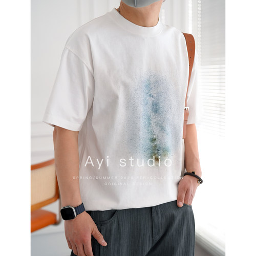 美式高街星空渐变烫钻点缀半袖衫