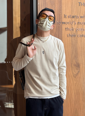 港风刺绣德绒长袖t恤男秋冬季纯色半高领打底衫休闲保暖内搭体恤