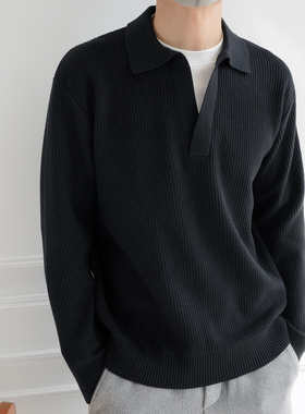 韩系松弛感深V撞色假两件棒针毛衣男士秋冬潮流情侣款翻领针织衫