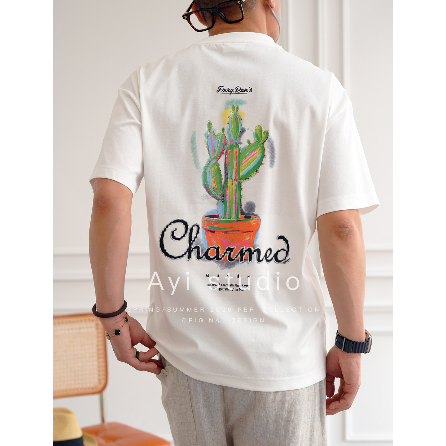 港风潮牌油画风仙人掌盆栽短袖T恤男夏季时尚新款宽松挺阔圆领衫