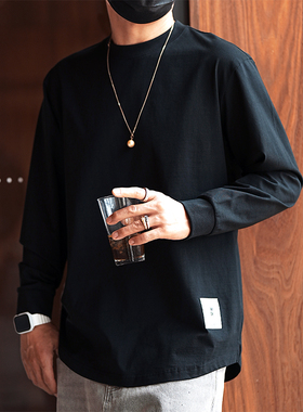 港风极简贴布黑色长袖t恤男高级感春季新款潮牌纯棉休闲打底衫潮