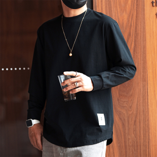 港风极简贴布黑色长袖t恤男高级感春季新款潮牌纯棉休闲打底衫潮
