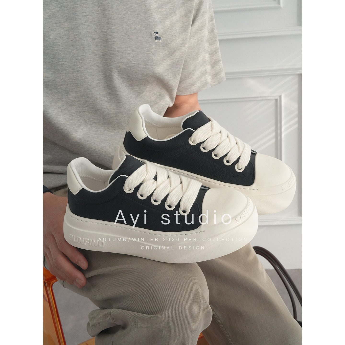 2026早春新款头层牛皮厚底休闲鞋男时尚潮牌复古百搭撞色防滑板鞋