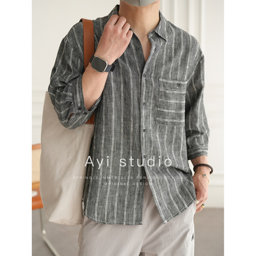 港风休闲撞色条纹拼接七分袖衬衫