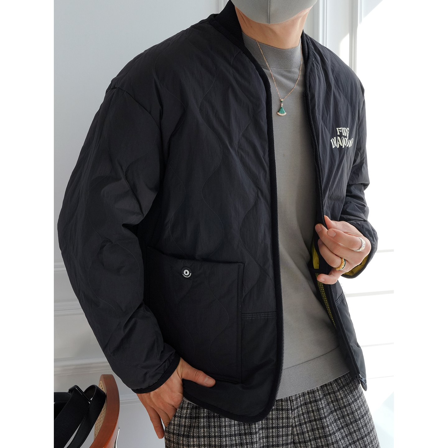 美式户外机能风假两件拼色羽绒服