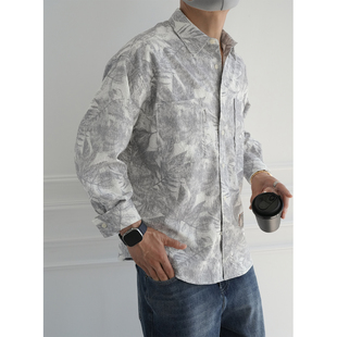 潮流情侣款 美式 男秋季 衬衫 宽松痞帅翻领外套 高街复古满印暗纹长袖