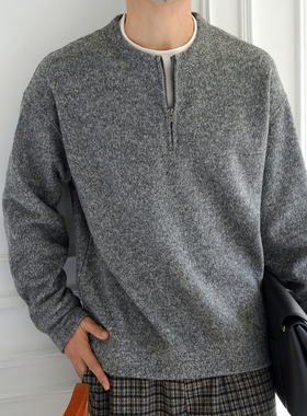 韩版宽松极简设计拼接假两件卫衣男秋冬潮流新款半拉链套头打底衫