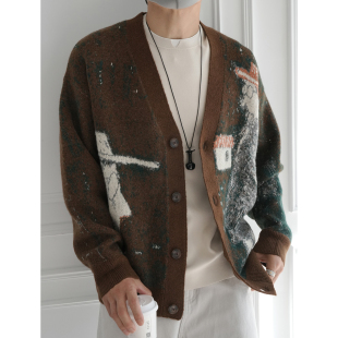 情侣款 毛衣男秋冬时尚 慵懒风毛衣外套 潮牌提花渐变大V领开衫 美式