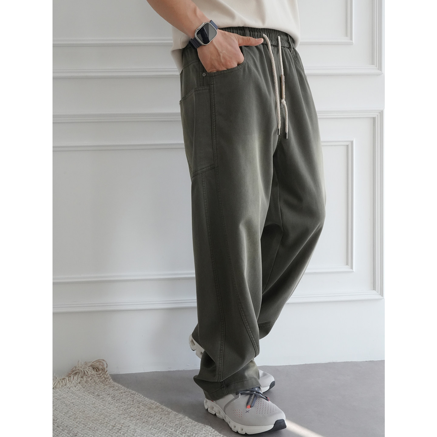 美式复古重磅水洗做旧抽绳牛仔裤