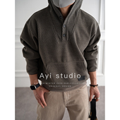 原创设计立体纹理纽扣开合连帽卫衣男早春潮流新款 老钱风套头外套