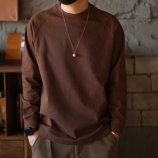 日系重磅高克重400g微阔长袖T恤男士秋冬休闲纯色插肩打底衫上衣