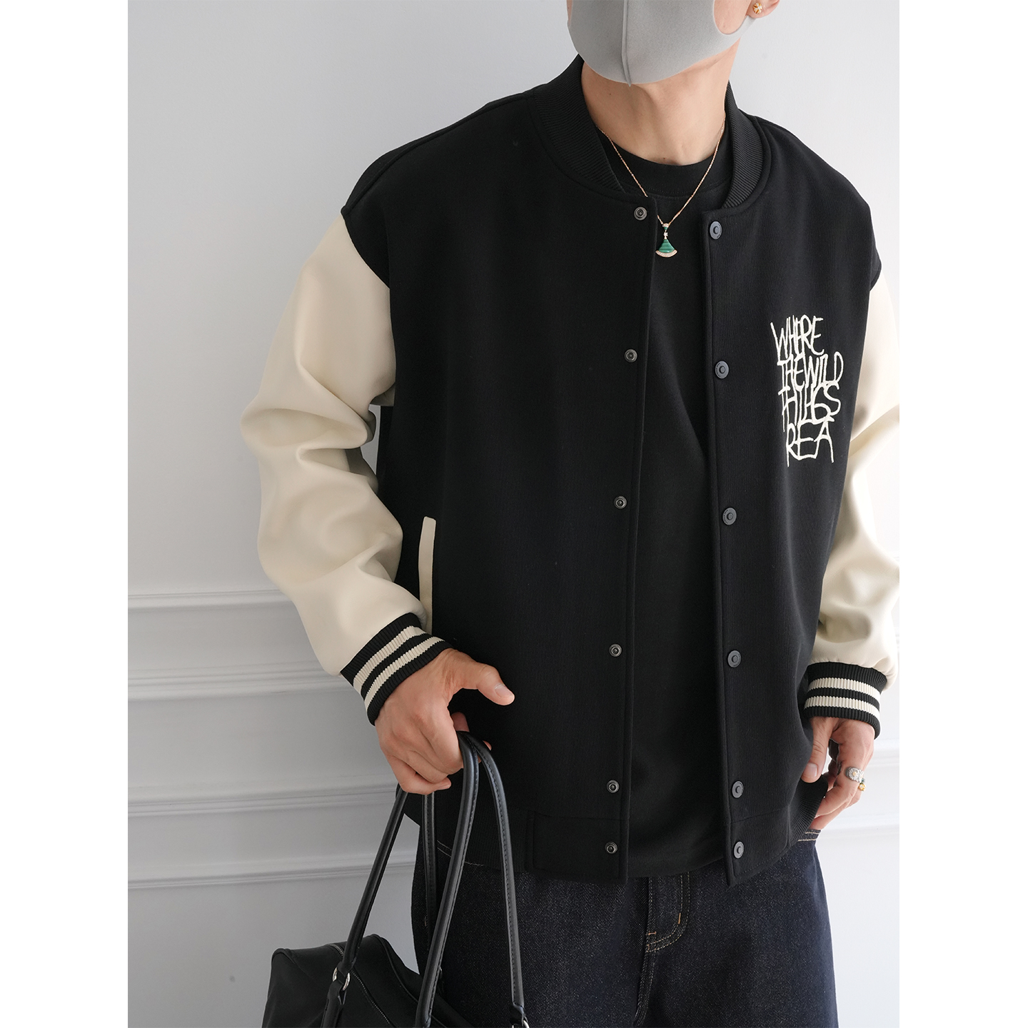 美式潮牌拼接撞色字母刺绣棒球服男士秋冬时尚新款学院风立领外套