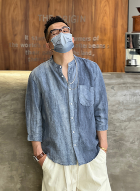 港风夏季简约亚麻衬衣男日系复古扎染立领痞帅炸街七分袖休闲衬衫