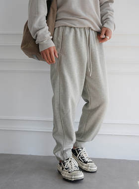 港风潮牌立体剪裁重磅针织卫裤男秋季时尚新款松紧腰抽绳束脚长裤