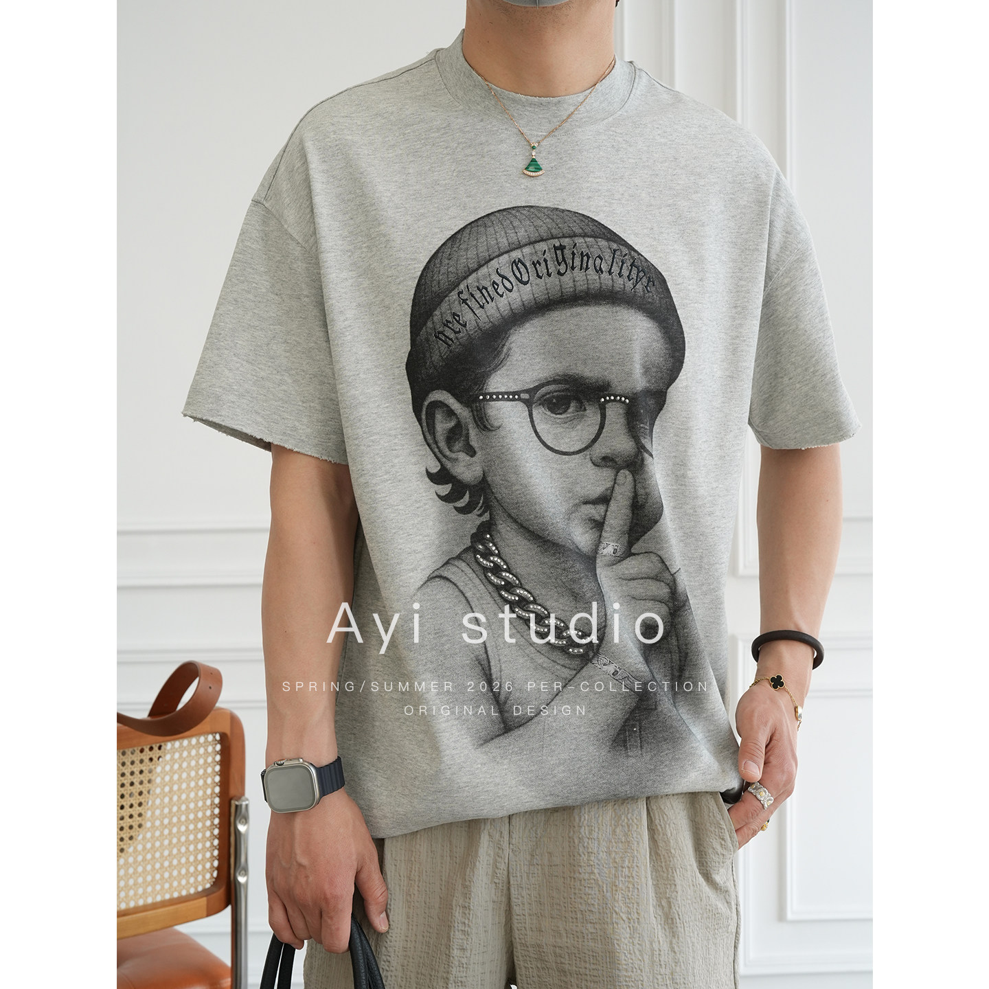 原创素描头像印花烫钻装饰短袖T恤男夏季新款潮牌ins痞帅圆领上衣