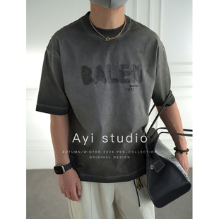 春季 T恤男士 时尚 情侣款 美式 破洞圆领衫 潮牌重工洗水擦色做旧短袖