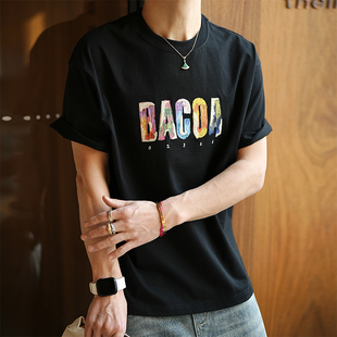 纯棉重磅打底衫 美式 春夏情侣款 T恤男士 潮牌撞色字母刺绣圆领短袖