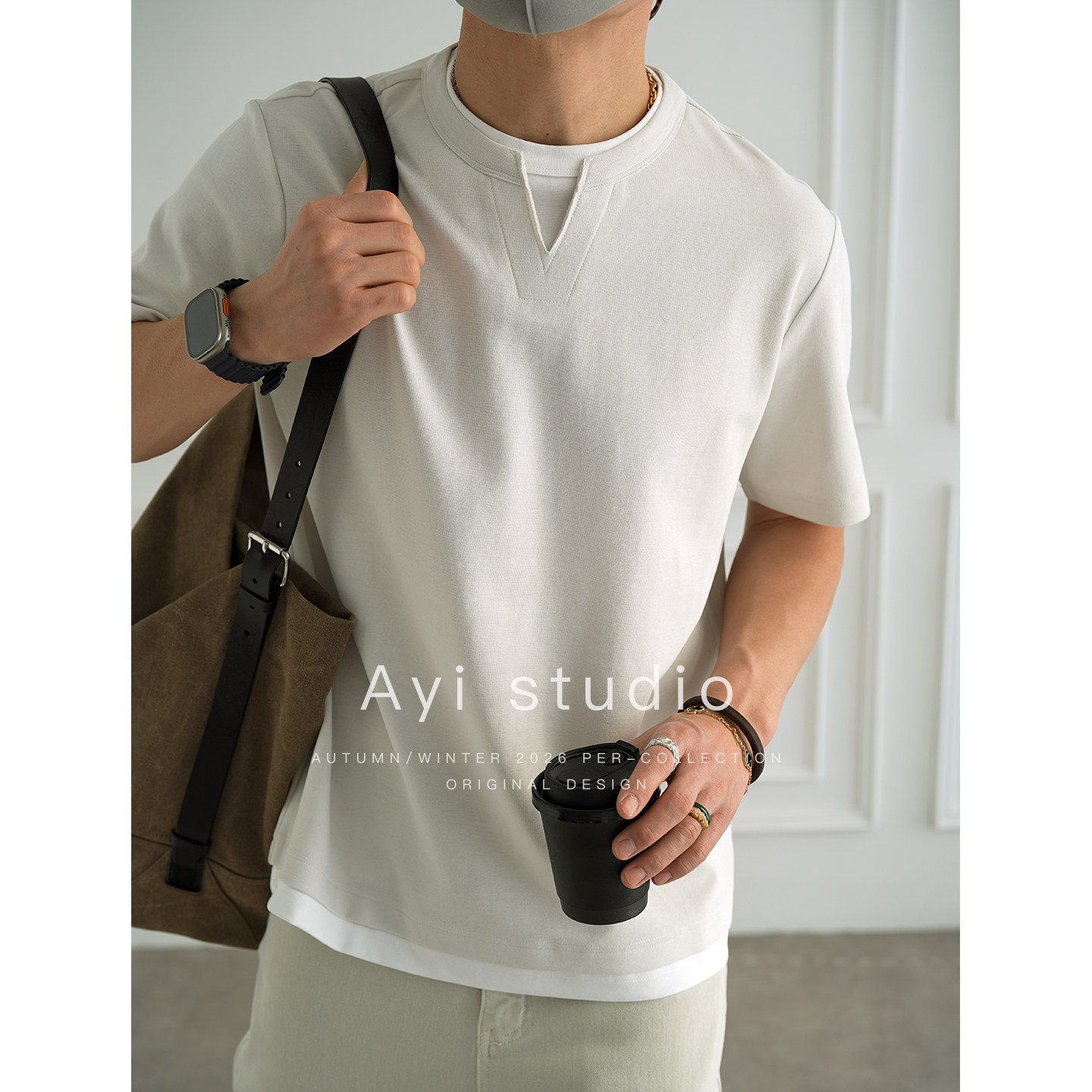 韩版轻奢极简假两件V领短袖T恤男春季潮流新款时尚拼色圆领半袖衫